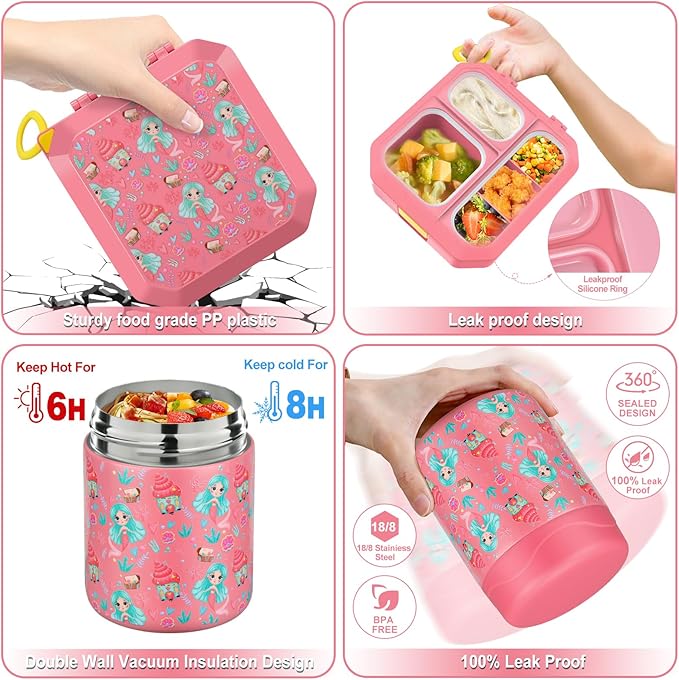 wiwens Bento Lunch Box for Kids with 12oz Soup Thermo Leak-Proof Lunch Food Container with 5 Compartment Thermo Hot Food Jar and Insulated Lunch Bag for Kid Toddler Girls Boys to School