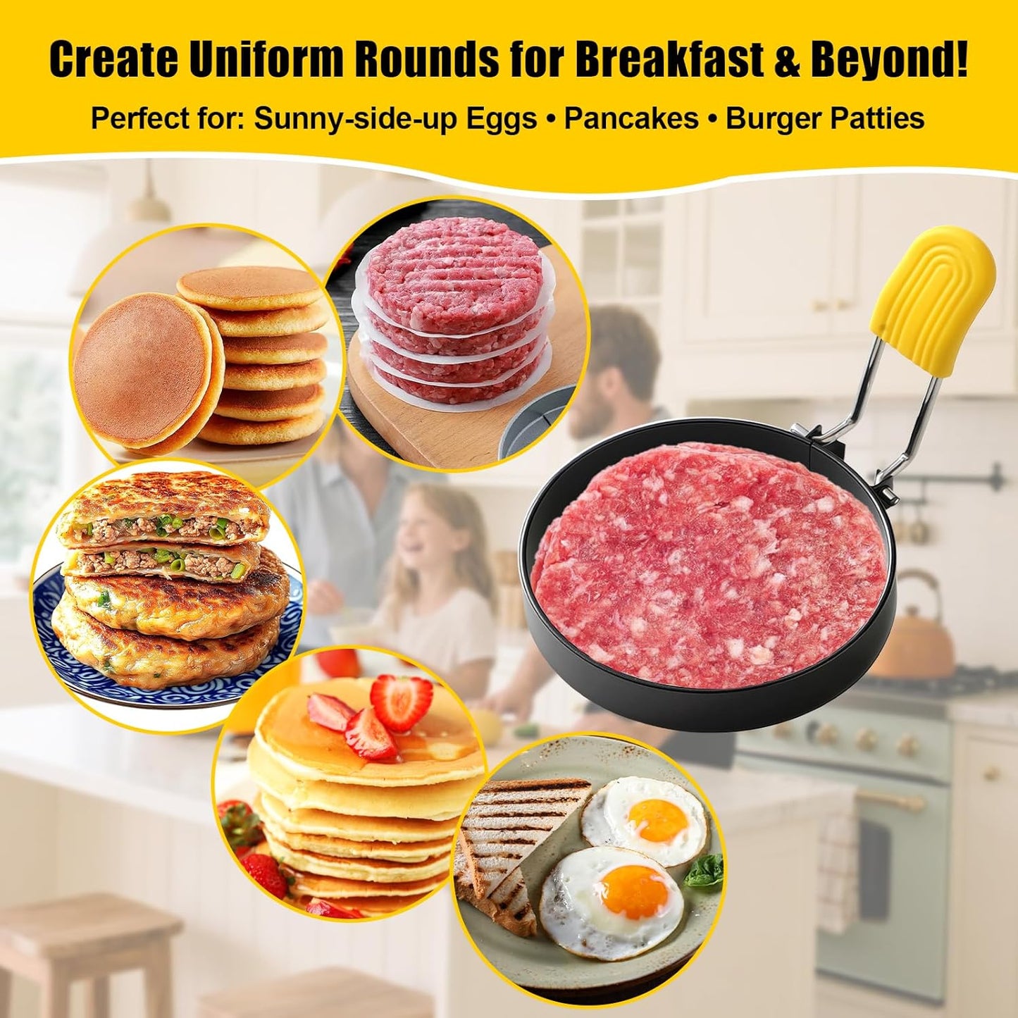 4 Pack Fried Egg Molds Round Stainless Steel Fried Egg Ring with Silicone Handle Perfect for Making Breakfast Sandwiches, Burgers, Pancakes Suitable for Home or Breakfast Carts (3 inch & 4 inch）