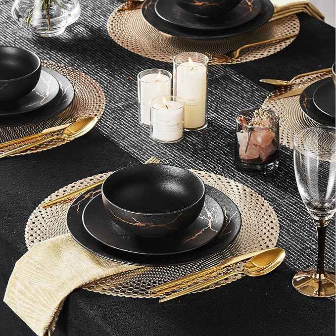 KINGSTONE Dinnerware Sets for 6 Porcelain Plates and Bowls Sets 18 Piece Matte Black with Gold Vein Dish Set Scratch Resistant Dinner Salad Plate Dishware for Wedding Party Daily