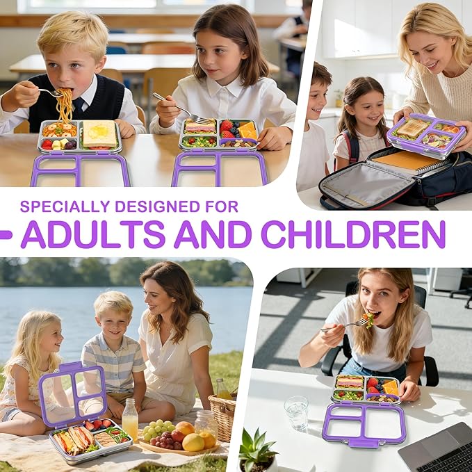 BABHAMNESS Stainless Steel Bento Lunch Box for Kids Adults, 3 Compartments Metal Bento Box with Transparent Lid & Silicone Container for Kids,Dishwasher-Safe,School & Travel,BPA-Free(Purple)