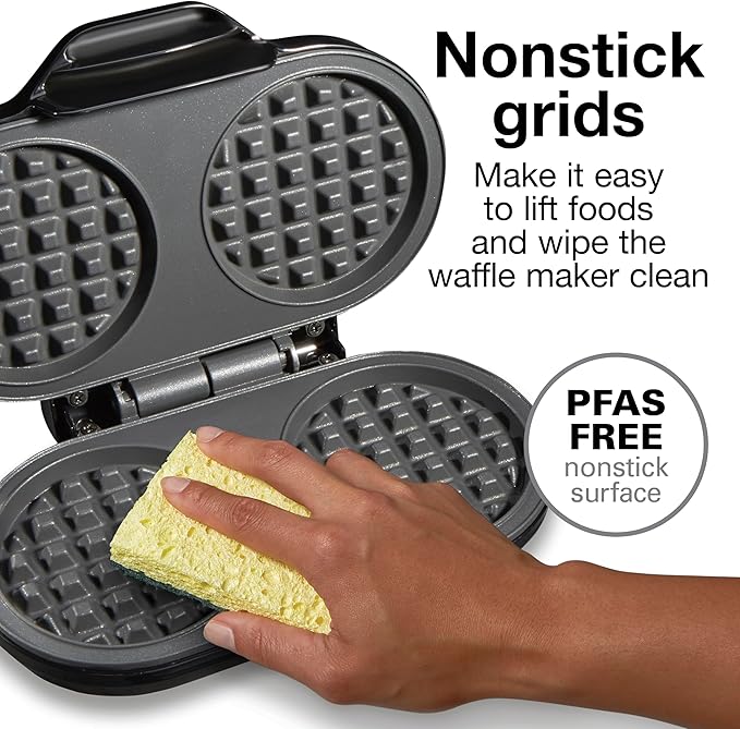 Proctor Silex Double Mini Waffle Maker Machine with 4” Round Non-stick Grids, Makes 2 Personalized Individual Breakfast Keto Chaffles and Hashbrowns, Compact, Black (26102)