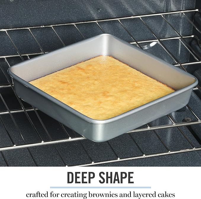 Martha Stewart Gallen 9 Inch Square Nonstick Carbon Steel Cake Pan - Silver Durable Bakeware for Cakes, Brownies & Desserts