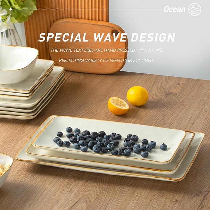 famiware 3 Pcs Rectangular Serving Platter and Dinnerware Set for 4 (12Pcs), Vanilla White