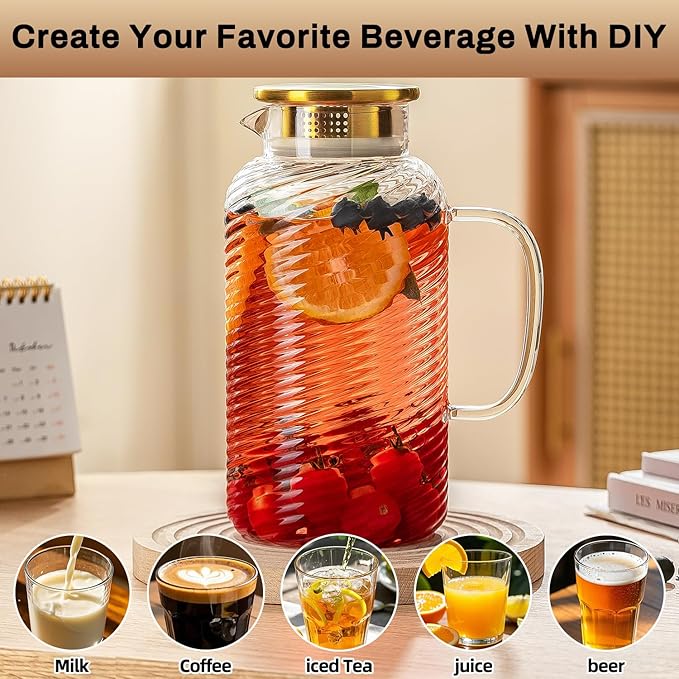 Buaic 2 PACK Glass Pitcher with Lid, 68 oz/ 2 Liter Spiral Pattern Water Pitcher,Glass Water Carafe for Cold Brew, Coffee, Lemonade, Iced Sun Tea,Beverage, Milk, Heat Resistant