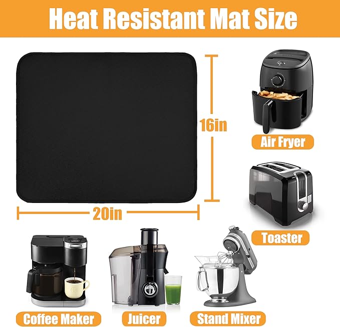 Heat Resistant Mat for Countertop, 16x20in Hot Pads for Kitchen Counter Heat Protector, Fireproof Air Fryer and Deep Fryer Mat for Oven, Coffee Machine Compatible with Ninja, COSORI, Cuisinart, Black