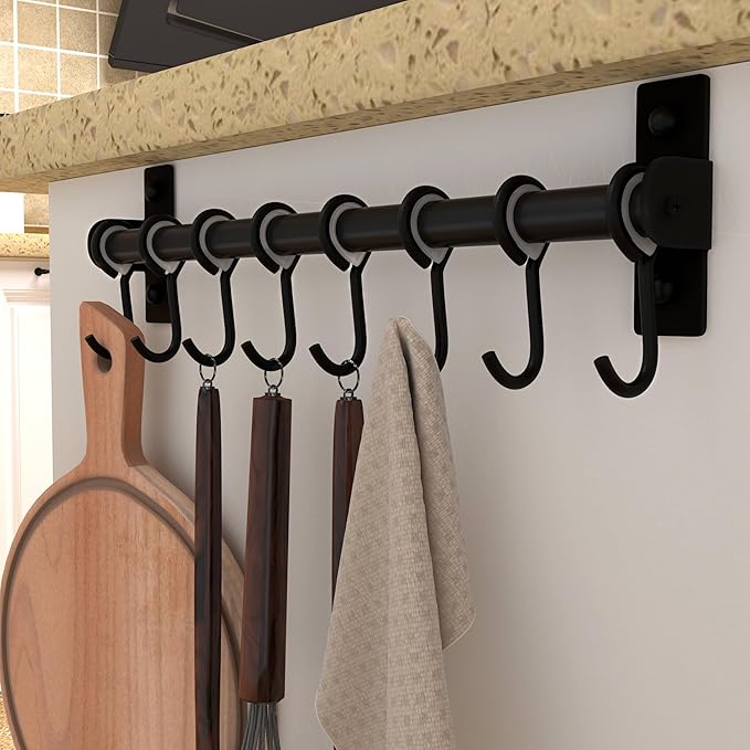 Dseap Kitchen Utensil Holder Hanger, Pot and Pan Rack Wall Mount, Kitchen Rail with 8 Hooks for Hanging Cooking Utensils, Mugs, Spoons, Wall Mounted, Stainless Steel, Black