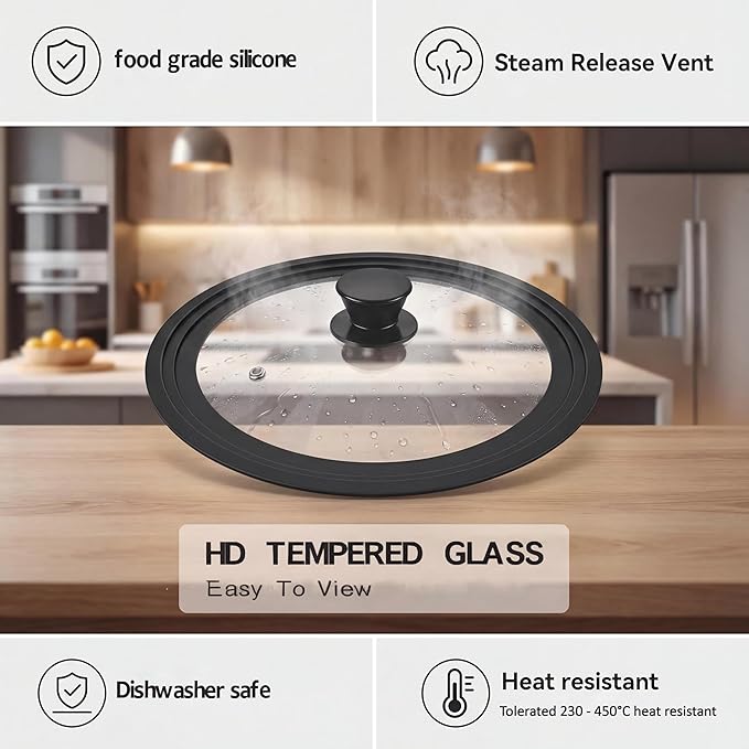 Universal Lid for Pots Pans and Skillets, 9.5&10.5&11.5 inch, Diameter Cookware, Silicone Replacement Pan Lid Pot Lids for Frying Pans, Cast Iron,Tempered Glass Lid
