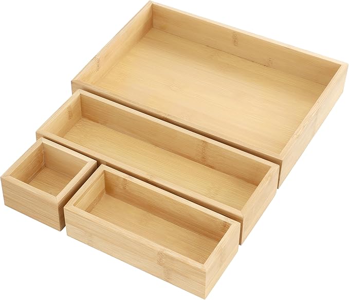 Elama 4 Piece Bamboo Wood Drawer Organizer Tray, Utensil Storage, Desk Drawer Storage (4 Piece Trays)