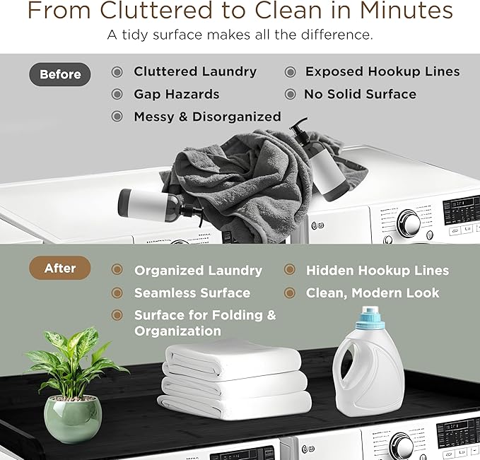 Solid Bamboo Washer Dryer Countertop, Laundry Wood Shelf Topper with Non-Slip Pads, Edge Rails and High Back Rail for Laundry Room Storage & Organization, Washer Dryer Counter Storage, 25"W x 54" L