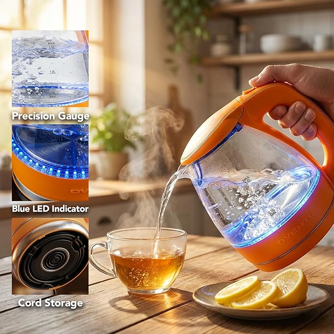 OVENTE Electric Kettle, 1.5L Borosilicate Glass Countertop Water Heater and Boiler for Coffee or Tea, BPA-Free, Auto Shut-Off, Boil-Dry Protection, Removable and Washable Spout Filter, Orange KG83O