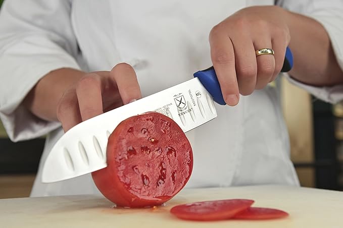 Mercer Culinary Millennia Colors 7-Inch Granton Edge Santoku Knife, Blue
