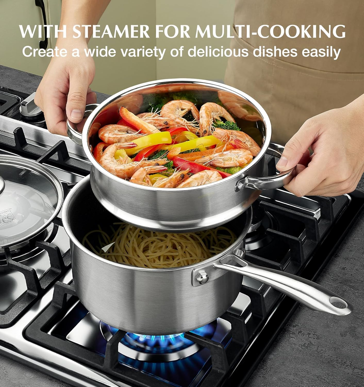 KOCH SYSTEME CS Hybrid Nonstick Stainless Steel Sauce Pan with Steamer Insert, 18/10 Steel 2QT Sauce Pan with Lid, Triple Stainless Steel Pot with Honeycomb Interior, Induction Compatible & Oven Safe