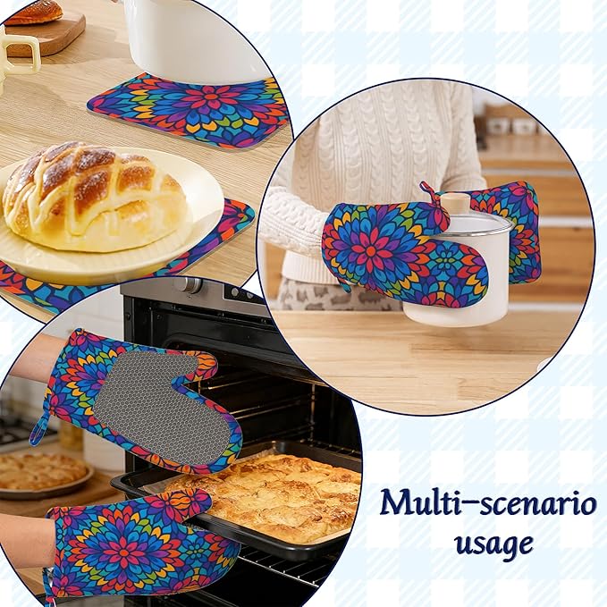 Boho Mandala Floral Potholders & Oven Mitts Sets Colourful Abstract Silicone Heat Resistant Oven Mits and Hot Pads Non-Slip Pot Holders Gloves for Kitchen Chef Cooking Baking Grilling BBQ