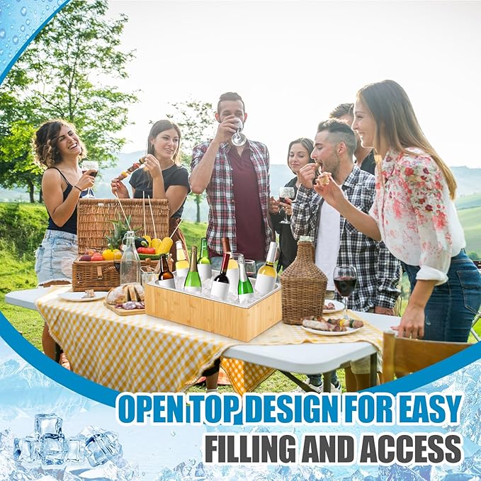 Ice Housing Bin with Removable Tray Ice Holder Container Wine Beer Champagne Drink Bucket Beverage Tub for Freezer Display Buffet Bar Counter Party Drink Chiller(Bamboo and Steel,21" X 13" X 5.5")