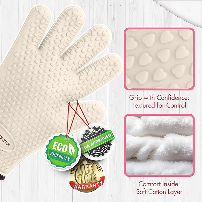 KITCHEN PERFECTION XL Silicone Smoker Oven Gloves for Women -Extreme Heat Resistant BBQ Gloves -Handle Hot Food Right on Your Grill Fryer&Pit|Waterproof Grilling Cooking Mitts|Superior Set+3 Bonuses