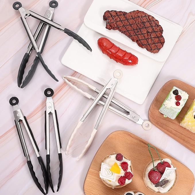 6 Pcs Small Silicone Tongs,7 Inch Mini Serving Tongs with Tips,Heat Resistant Cooking Tong,Stainless Steel Silicone Kitchen Tong for Salad Food Frying BBQ(Black,Gray,White)