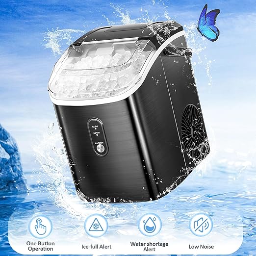 Nugget Countertop Ice Maker with Soft Chewable Pellet Ice, Pebble Portable Ice Machine, 34lbs Per Day, Self-Cleaning, Sonic Ice, One-Click Operation, for Kitchen,Office Stainless Steel Black