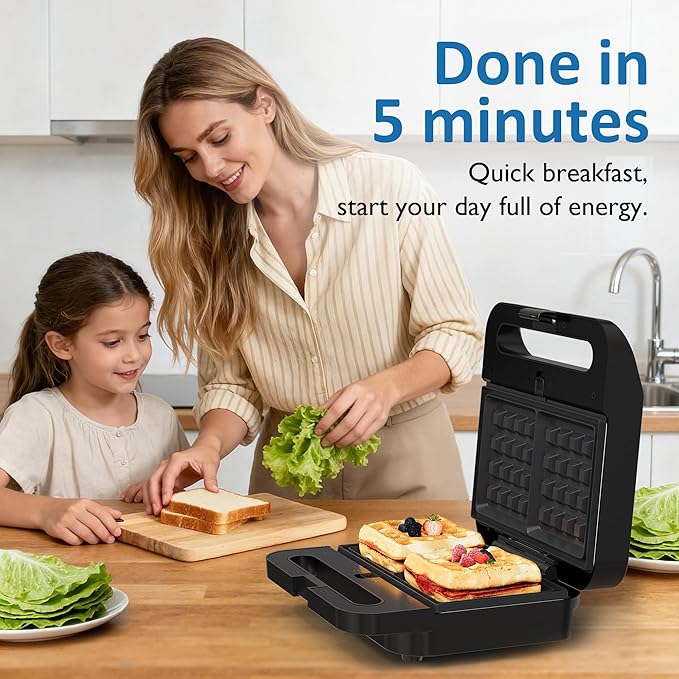 Sandwich Maker Panini Press Grill, 3 in 1 Electric Waffle Maker with Removable Non-stick Plates, Glass Top, Cool Touch Handle & Easy to Clean, 1000W