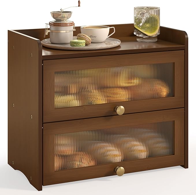 JANSNIMEN Large Bread Box for Kitchen Countertop Wooden Double Layer Breadbox Organizer with Window Vintage Farmhouse Bread Storage Container for Homemade Bread (Brown)
