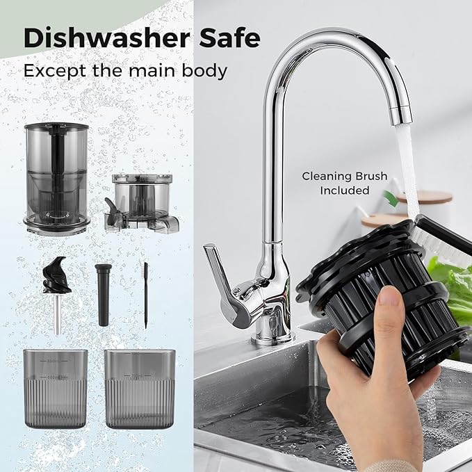 Cold Press Juicer, 5.3" Wide Feed Chute Easy to Clean Juicers w/Cleaning Brush & 2 Cups, 200W Power Motor Slow Masticating Juicer Machine w/High Juice Yield for Whole Vegetables & Fruits