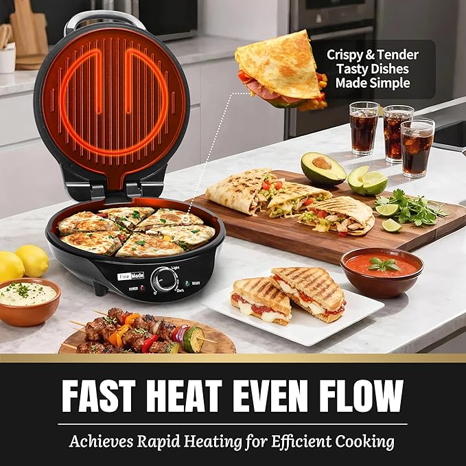 FineMade Electric Griddle Nonstick, Multi-Funtional Quesadilla Maker 10 Inch, Electric Grill Indoor, Pancake Griddle & Pan, Smokeless Indoor Grill, Non-stick Surface, Black