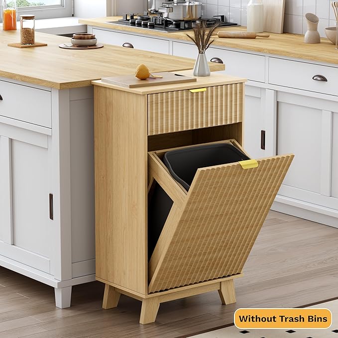Modern Tilt Out Laundry Hamper Cabinet, 10 Gallon Wooden Trash Can Cabinet with Storage Drawer, Hidden Fluted Bathroom Storage Cabinet for Kitchen, Living Room (Natural Wood, 20.47"W x 35.83"H x 13"D)