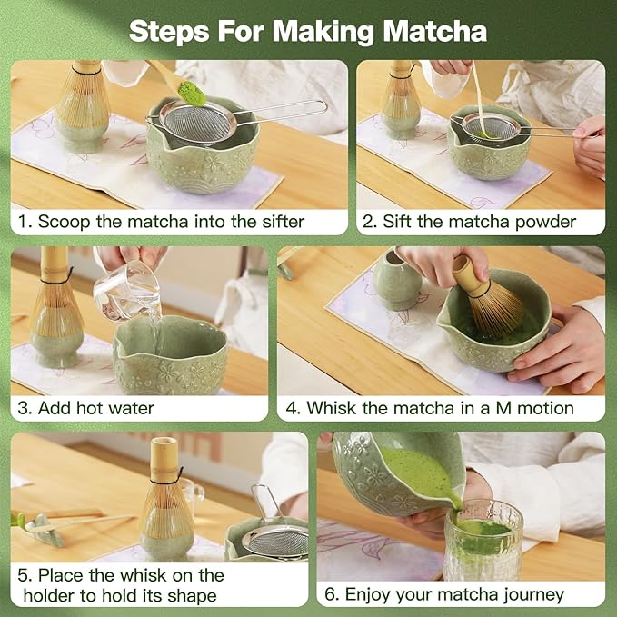 Matcha Whisk Set, 8-Piece Ceramic Japanese Matcha Bowl & Accessories Kit for Traditional Tea Ceremony, Home Use & Gifts(Green)