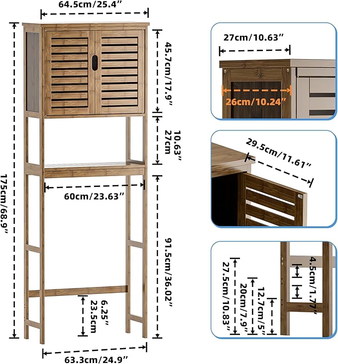 SMIBUY Bathroom Storage Shelf with Cabinet, Bamboo Over-The-Toilet Organizer Rack, Freestanding Toilet Space Saver with 3-Tier Adjustable Shelves (Walnut)