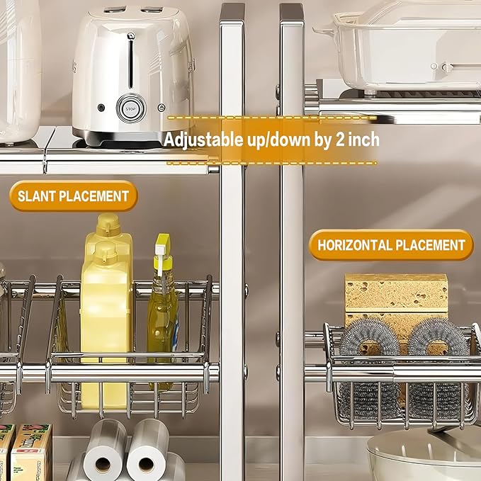 Large Under Sink Organizer 2 Tier Expandable Heavy Stainless Steel Shelf Adjustable Height for Under Kitchen Bathroom Sink Organizers and Storage (Large Size: 4 Panels 4 Storage Baskets)