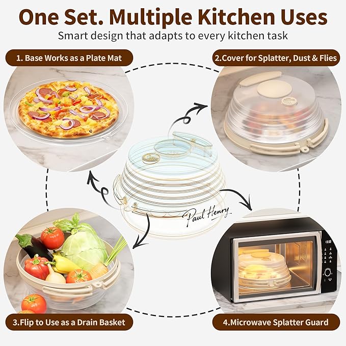 10 inch Microwave Splatter Cover for Food with Water Steamer, Collapsible Plastic & Silicone Microwave Plate Cover with Handle and Anti-Scald Base Plate, Kitchen Cooking Guard, Beige