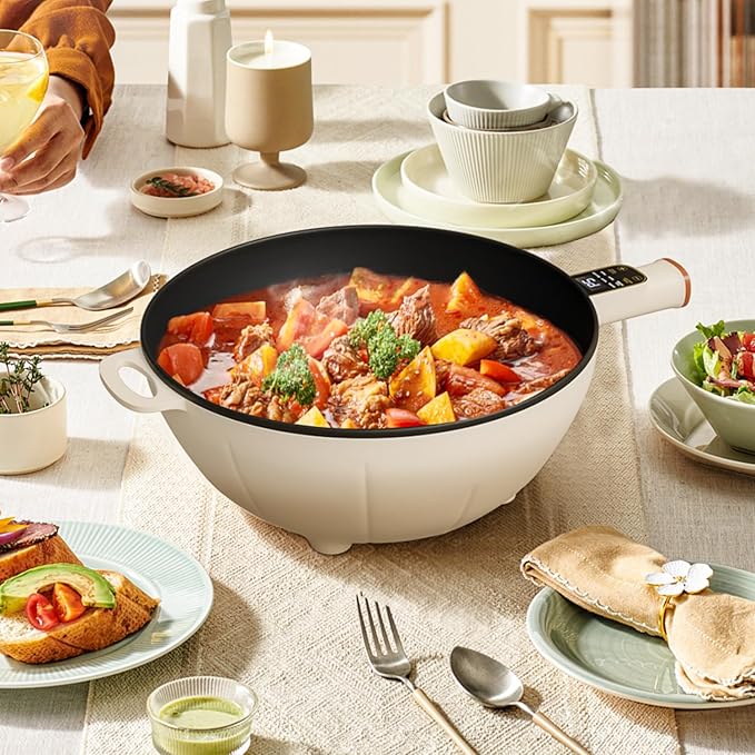 4L Electric Skillet 1000W Electric Cooker with Non-Stick Coating & Steamer, Timer & Schedule Cooking Settings, 12" Large Electric Hot Pot with Lid for Soup, Pasta, Frying, Stir-Fry