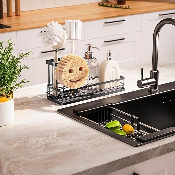 Sink Caddy Organizer with Water Absorbing Stone Tray, Instant Dry Sponge Holder Smiley Face, Dish Brush Holder for Countertop, Kitchen Storage Accessories and Organization Essentials (Black)