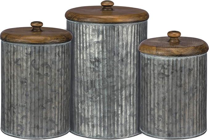 Primitives by Kathy Rustic Style Canisters, Set of 3, Galvanized Metal and Wood