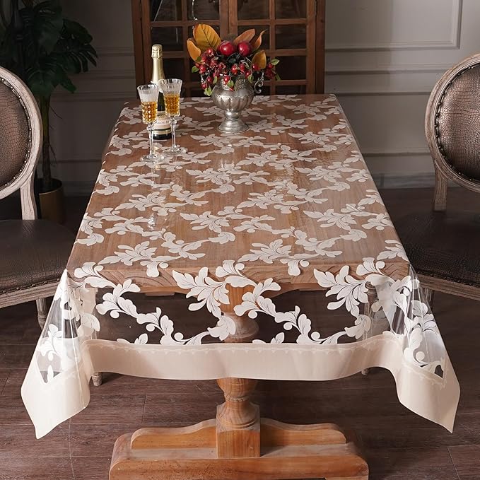 Waterproof Clear Table Cover Protector Vinyl Rectangle Table Cloth Oil Spill Proof Wipe Clean Plastic Tablecloths for Dining Tables (Scroll Grass, 60 x 120 Inches)