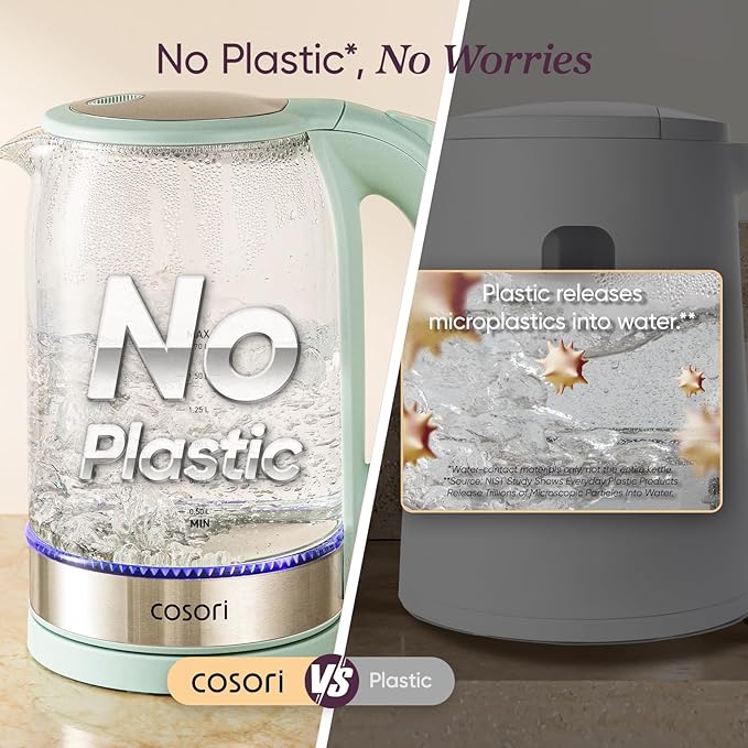 Cosori Electric Kettle, No Plastic Contact With Water, Wide Mouth For Easy Cleaning, Auto Shut Off, 1.7L Tea Kettle & Hot Water Boiler, Water Heater & Teapot, Borosilicate Glass, Green, 1500W