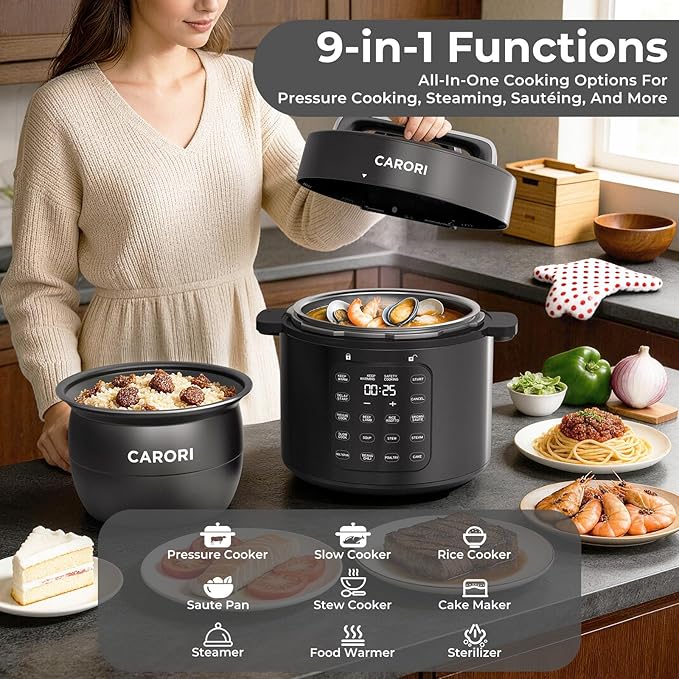 Carori Dual Pot Electric Pressure Cooker, 9-in-1 Multi-Cooker 6 Qt with 2 Inner Pots (Stainless Steel & Nonstick), 12 Programs, Slow Cook, Rice Cook, Steamer, Black