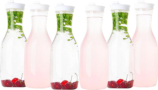 Clear Plastic Water Pitchers Carafes with Flip top White Lids 50 OZ Heavy Duty Beverage Pitcher Jug for Juice or iced Coffee Great for Mimosa bar Restuarants ot Schools Pack of 6