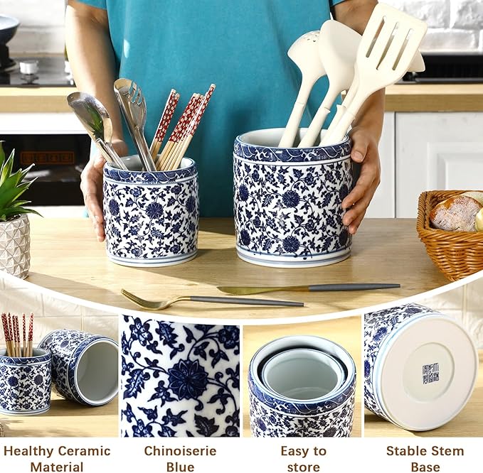 2 Pcs Blue and White Kitchen Utensil Holder 5"+6.1" Ceramic Kitchen Cooking Holder for Countertop Large Utensil Crock for Home Decor Parties Chinoiserie Blue