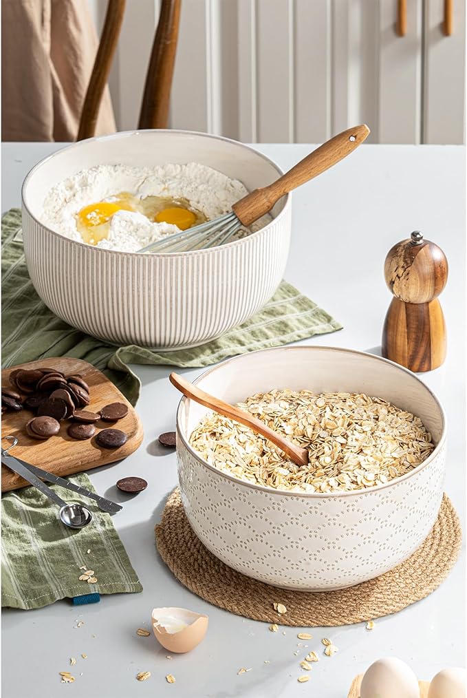 Mikiegy Ceramic Mixing Bowls Set of 2, Nesting Ceramic Embossment Stoneware Mixing Bowls for Cooking, Serving, Popcorn, Salad etc, Microwave & Dishwasher Safe, 98/145 oz, Off-White