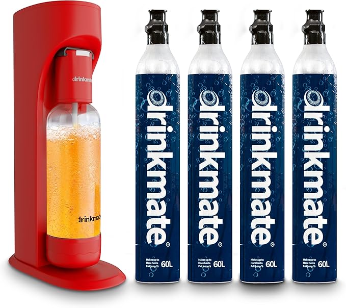 Drinkmate OmniFizz Sparkling Water Maker & Soda Streaming Machine | Carbonates Any Drink | PREMIUM KIT | Includes Four 60L CO2 Cartridges + One BPA-Free Bottle (Royal Red)