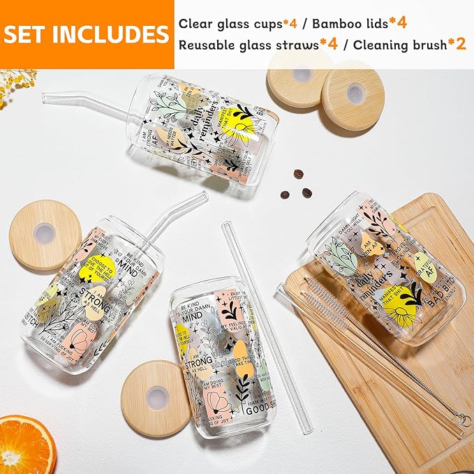 DWTS DANWEITESI Glass Cups with Lids and Straws with Design 4 pcs（Daily Reminder）,Clear Glass Cups 16 oz-Glass Tumbler,Cute Design Glass Iced Coffee Cups Mental Health Positive
