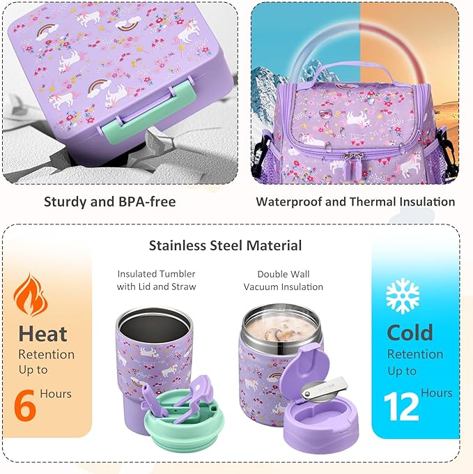 Pawtong Lunch Box Set with Bento Box Container, 17OZ Stainless Steel Food Soup Thermo, Kids Water Bottle & Portable Insulated Lunch Bag, Leakproof, Hot/Cold Retention for School, Travel (Purple-Horse)