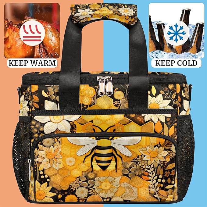 Pardick Lunch Box for Men Heavy Duty Insulated Lunch Bag for Women Honey Bee Lunchbox for Adults Lunch Cooler Bag for Work, Picnic, Beach Lunch Boxes with Adjustable Shoulder Strap
