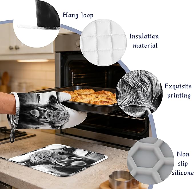 Oven Mitts and Pot Holders Sets Highland Cow Silicone Kitchen Mits Potholders Cute Highland Cattle Heat Resistant 4Pcs Oven Gloves Hot Pads for Baking Cooking BBQ Grilling Home Decor