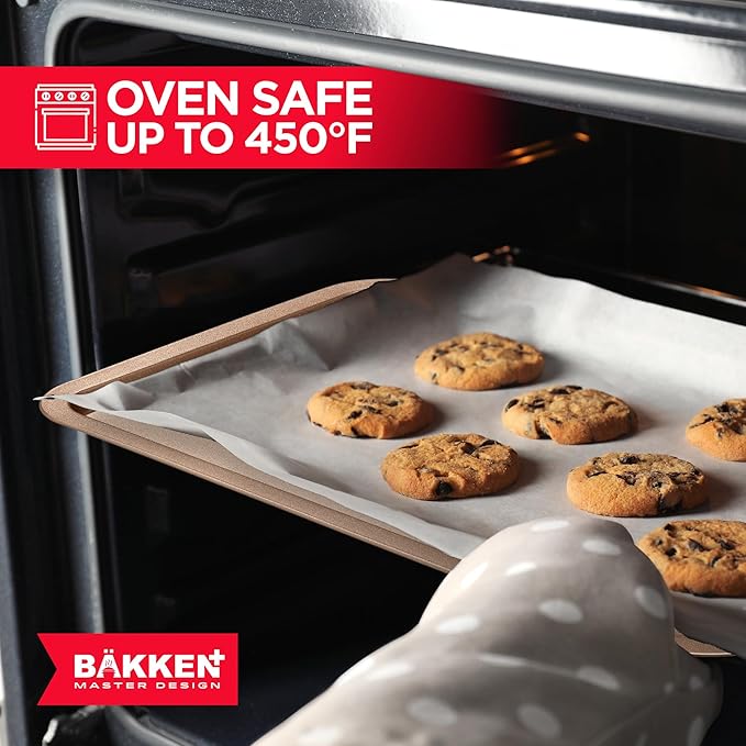 BAKKEN 3-Piece Kitchen Baking Pans - Small, Medium, and Large Cookie Pan, With Nonstick Coating, Stackable and Space-saving Design, PFOA, PFOS, PTFE Free, Oven Safe Tray (Up To 450°F), Brown