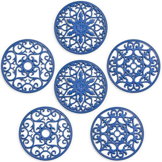SMARTAKE 6 Set Silicone Trivet Mats, Multi-Use Carved Trivet Mat, Insulated Non-Slip Durable Kitchen Mats, Flexible Modern Kitchen Table Mat, for Hot Dishes, Pots, Dining Countertop, Navy Blue