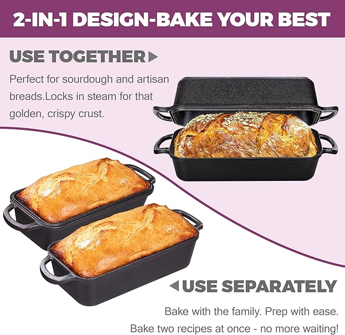 11x5 Inch Cast Iron Loaf Pan with Lid, Large Dutch Oven Bread Loaf Pan for Sourdough, Homemade Bread Baking, Even Heat Distribution, 5.8Qt