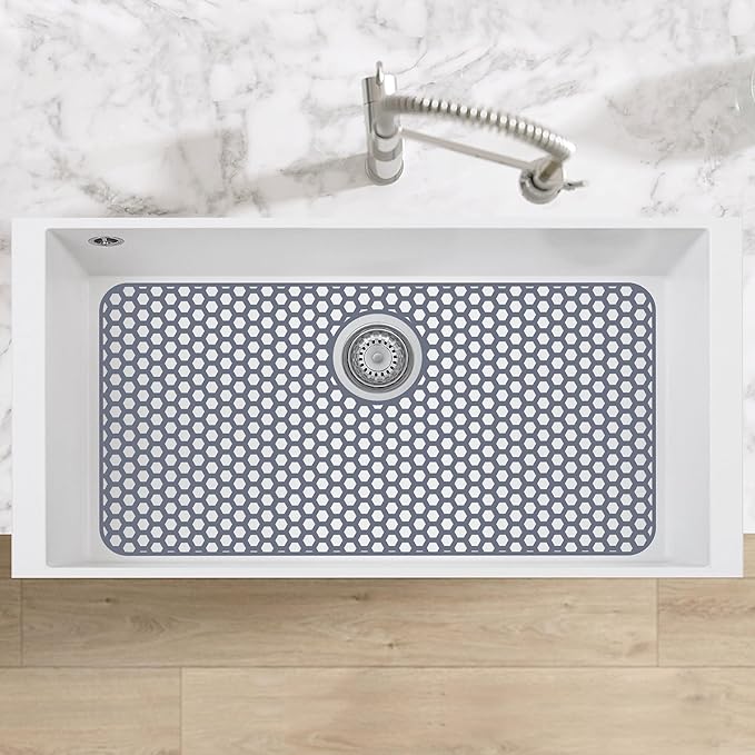 Bestjing Silicone Sink Protectors for Kitchen Sink with Rear Drain - 28.3"x 15.7" Kitchen Protector Accessory, Non-Slip Heat Resistan Mat for Bottom of Farmhouse Stainless Steel Porcelain(Gray)