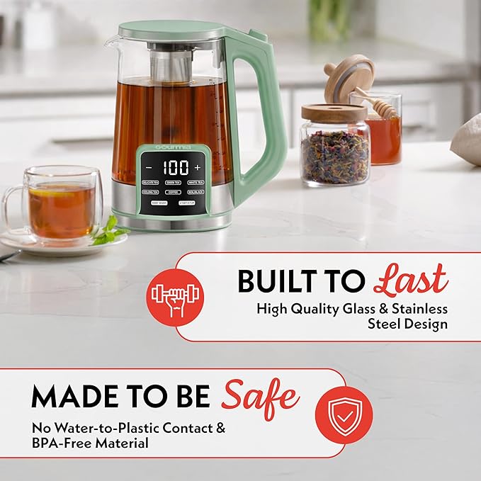 Gourmia Electric Glass Kettle – 1.7L Programmable Tea & Coffee Brewer with Digital Touch Display, 6 Presets, Removable Stainless Steel Infuser, Cordless with 360° Swivel Base, Green