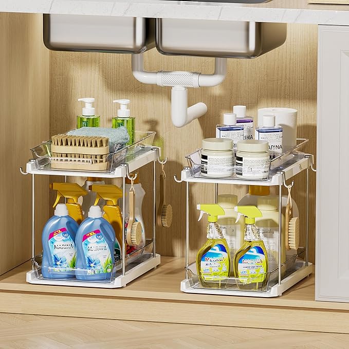 Delamu 2 Tier Bathroom Under Sink Organizers and Storage with Hook, Multi-Purpose Cabinet Drawers with Movable Dividers, Pull Out Organization for Countertop, Kitchen and Pantry(White, 4 Pack)